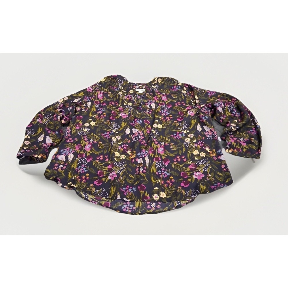 Ava & Viv Womens 1X Navy Blue Floral Split Neck Long Sleeve Blouse Top 021051185